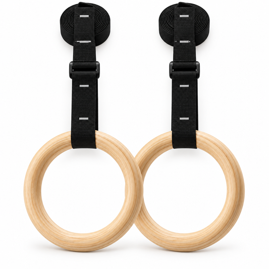 MotionBar wooden gymnastic rings with full black numbered straps