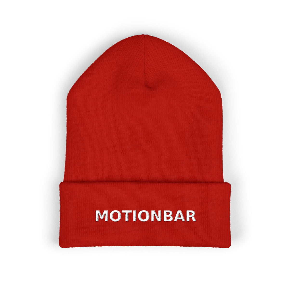 Red beanie with 'MOTIONBAR' text on a white background
