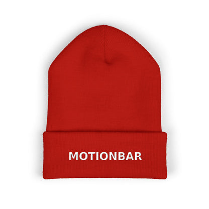 Red beanie with 'MOTIONBAR' text on a white background