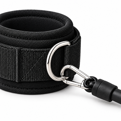 Close-up of MotionBar ankle cuff and resistance band attachment on white background