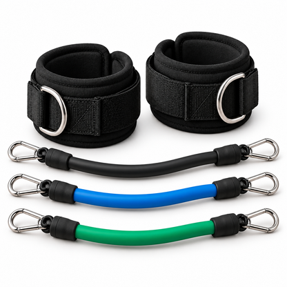MotionBar Ankle Resistance Trainer three-band set with black ankle cuffs on clean white background
