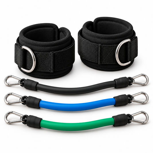 MotionBar Ankle Resistance Trainer three-band set with black ankle cuffs on clean white background