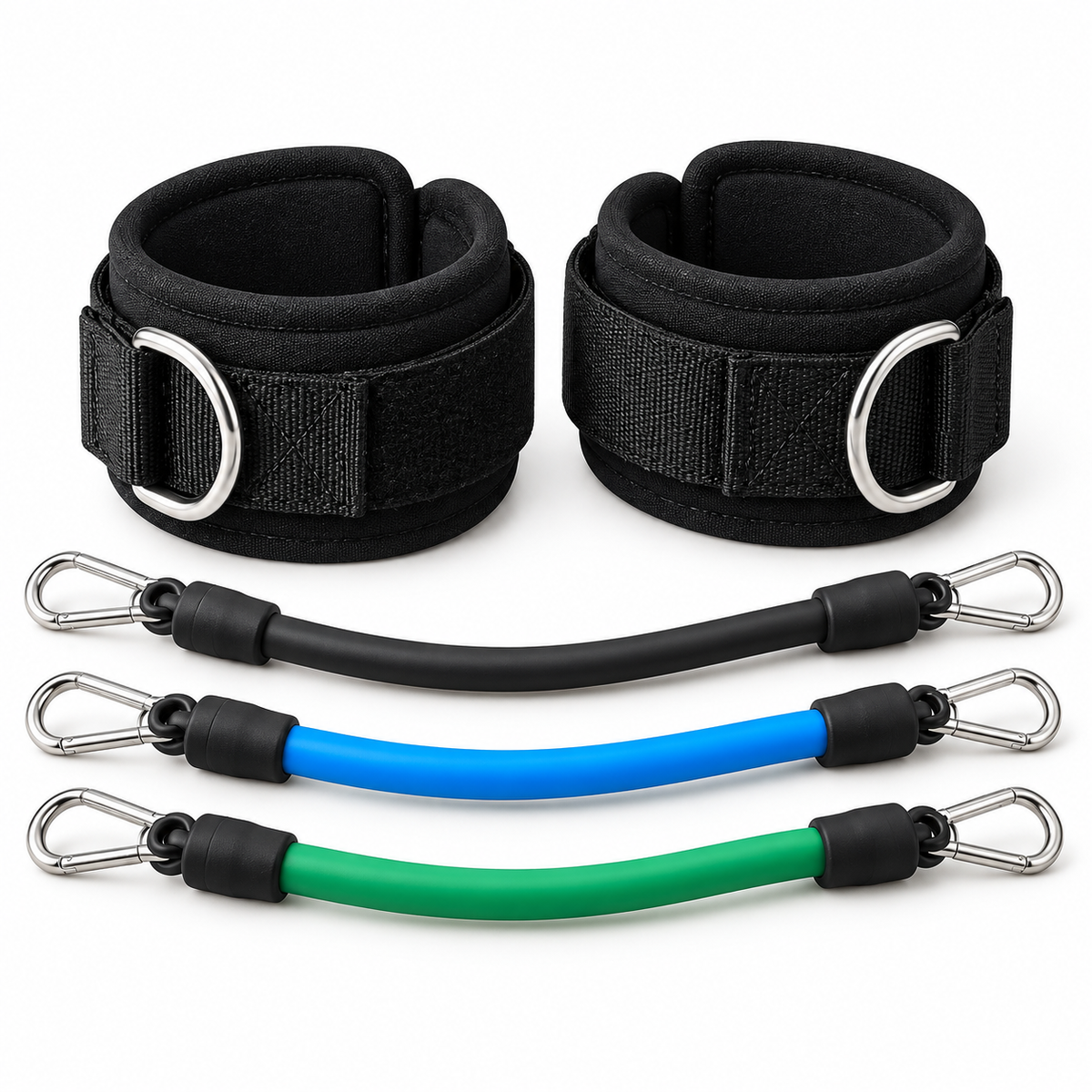 MotionBar Ankle Resistance Trainer set with ankle cuffs and three resistance bands on white background