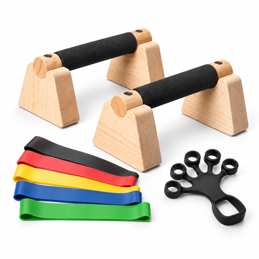 MotionBar Calisthenics Equipment Bundle with wooden parallettes, resistance bands and grip trainer