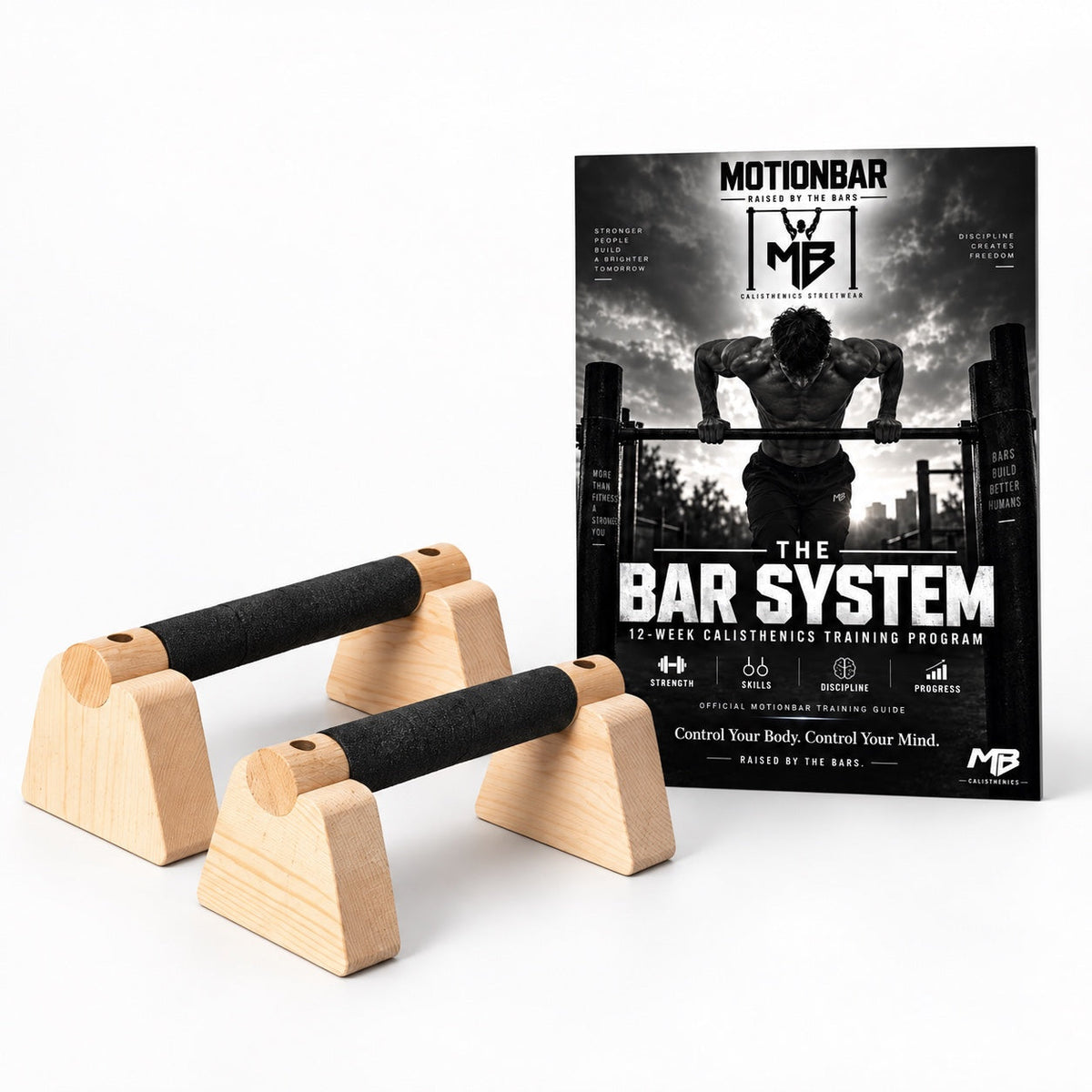 MotionBar Calisthenics Starter Bundle with wooden parallettes and The Bar System 12-week training program