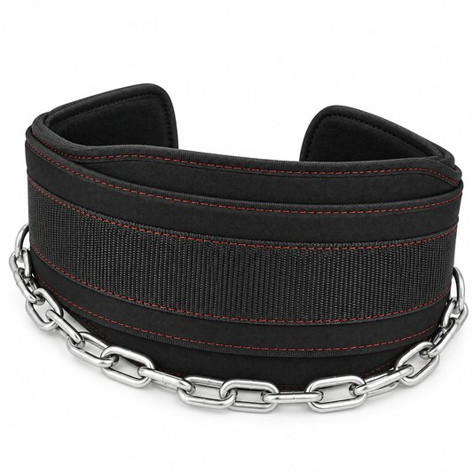 MotionBar weighted dip belt angled view with chain