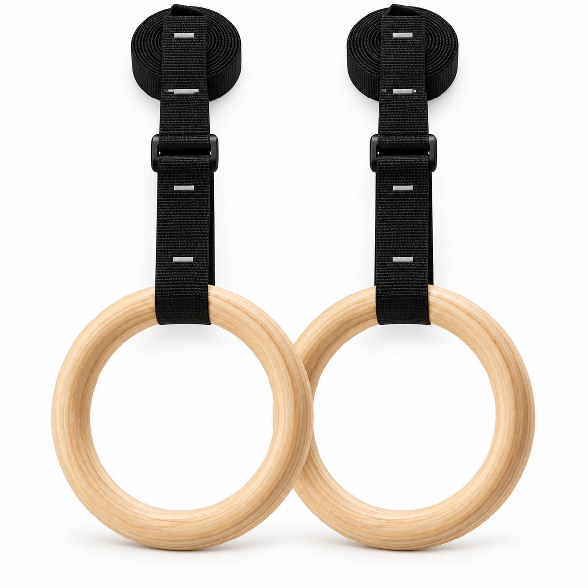 MotionBar wooden gymnastic rings with full black numbered straps