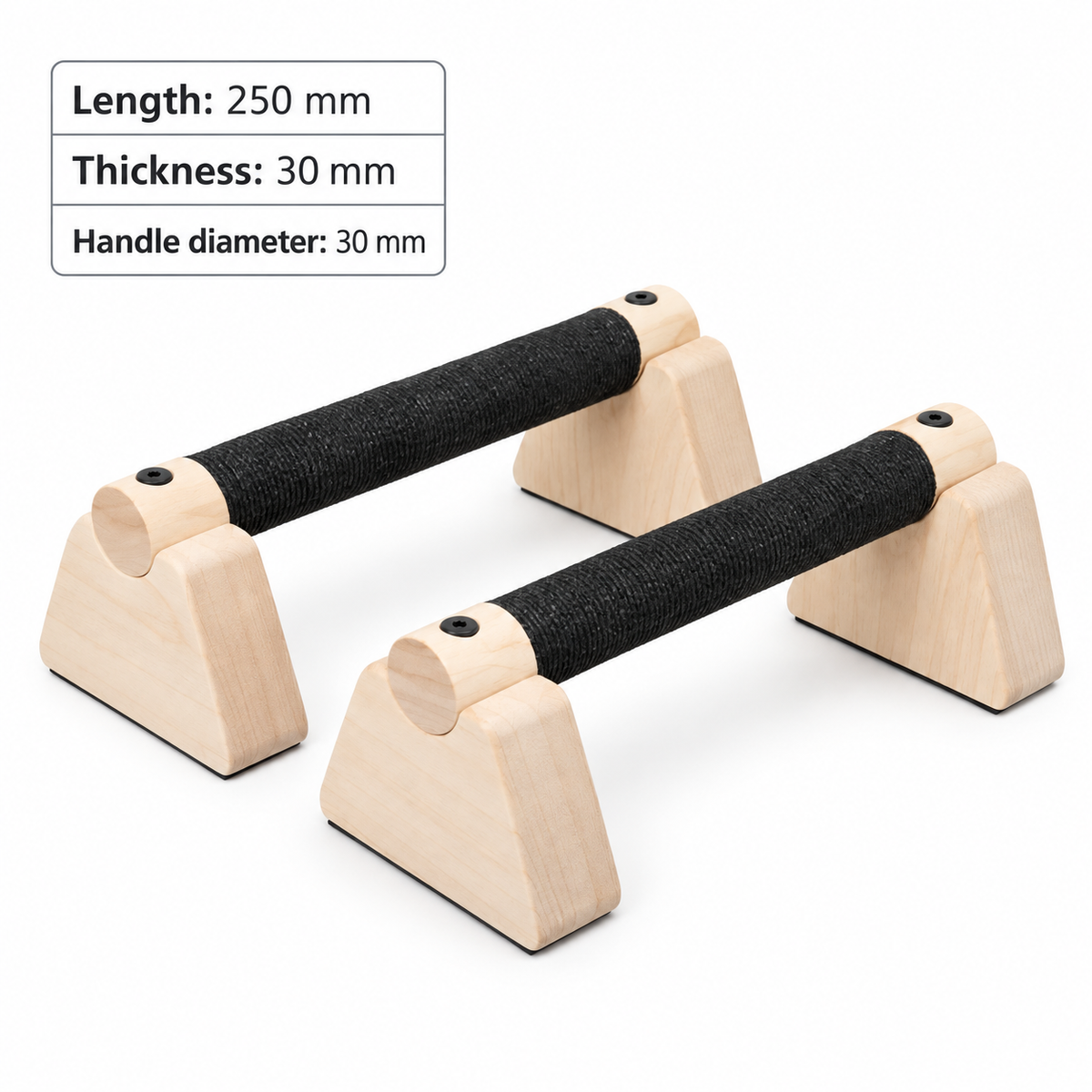 MotionBar wooden parallettes with 250 mm length and 30 mm handle diameter specifications