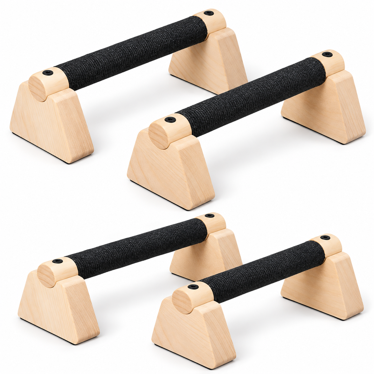 MotionBar wooden parallettes with black grips on a clean white background